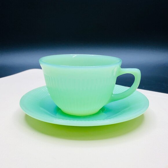 Vintage 50s FIRE KING USA Jadeite Jane Ray Teacup and Saucer Set: MCM Glassware - Picture 1 of 11